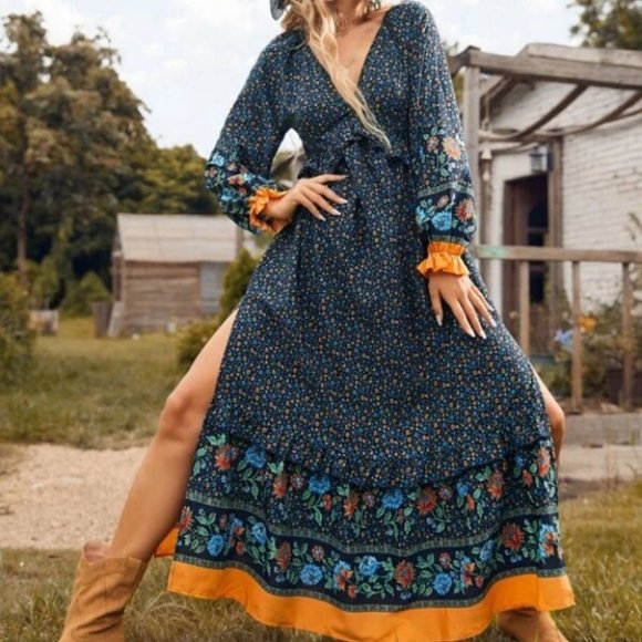 Boho blue Ditsy Floral Flounce long Sleeve Split Thigh Maxi Cottagecore Dress - Picture 2 of 6